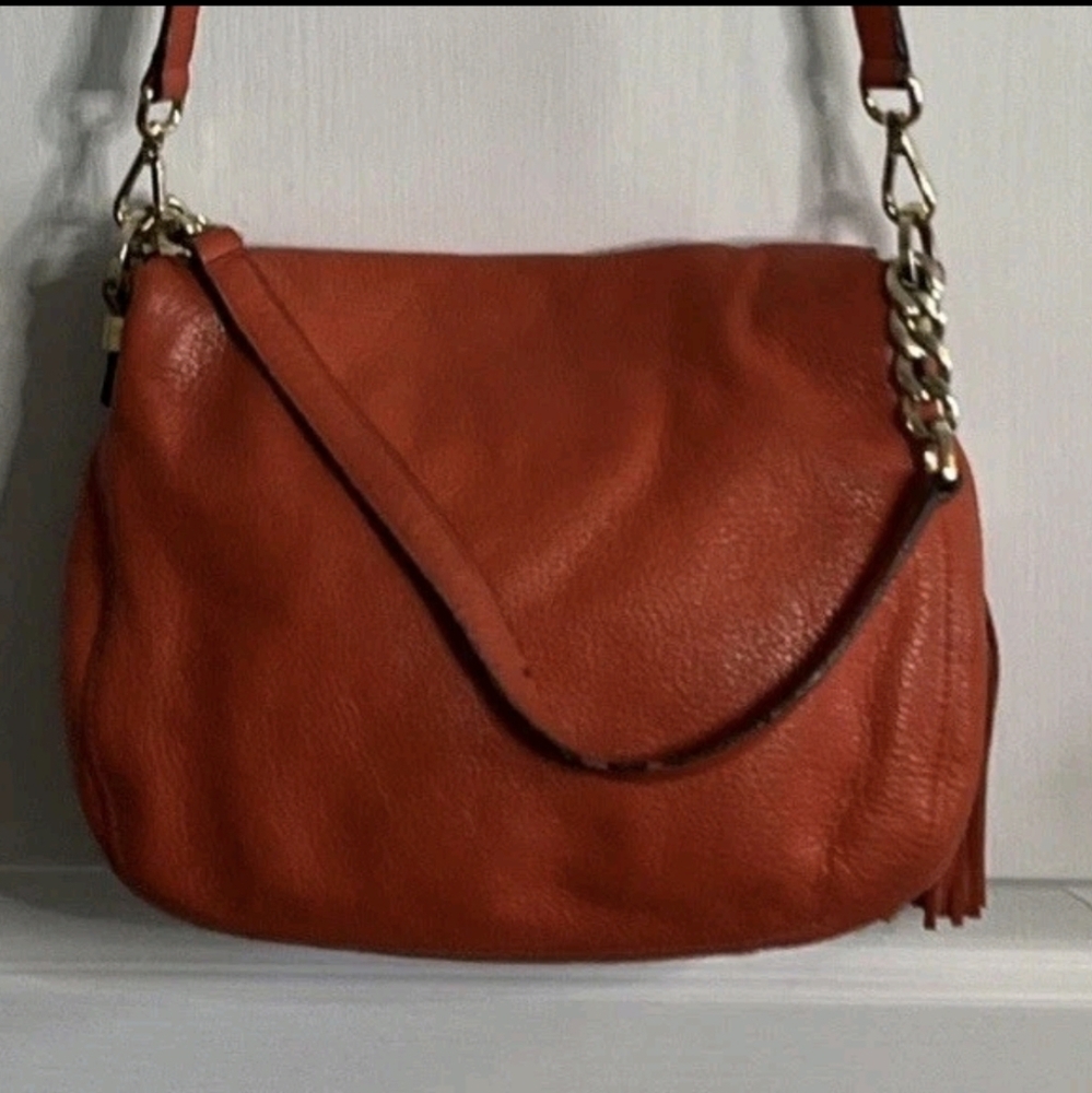 Michael Kors Purse Red Orange Bedford Leather Tassel Crossbody Bag Saddle - Picture 3 of 14